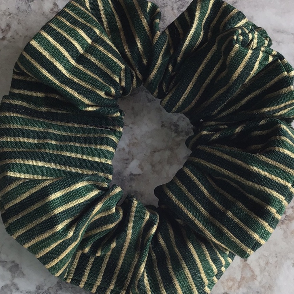 Hunter green sparkly gold stripes hair scrunchie